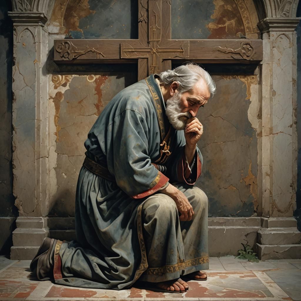 Elderly Man's Prayer: Giotto-Inspired Romanesque Scene