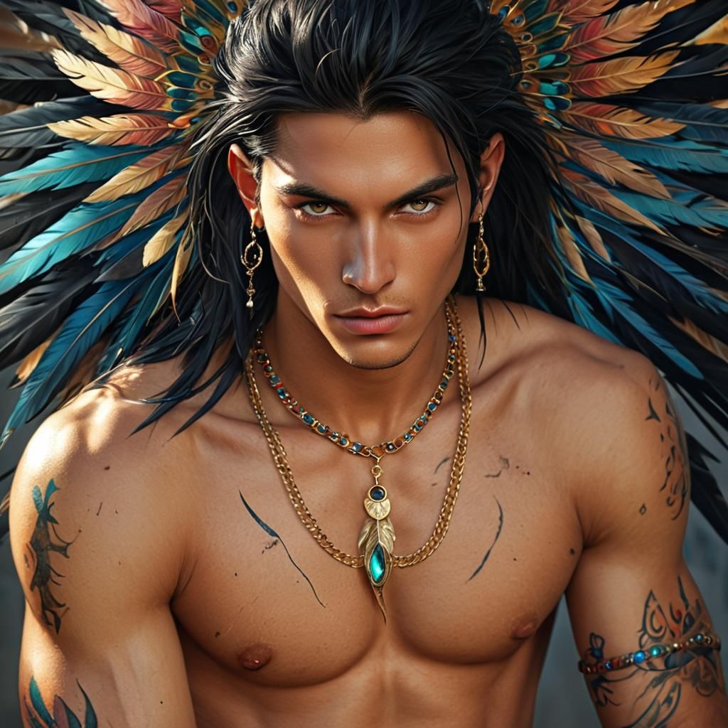 Fantasy Art: Androgynous Man with Gemstones and Feathers