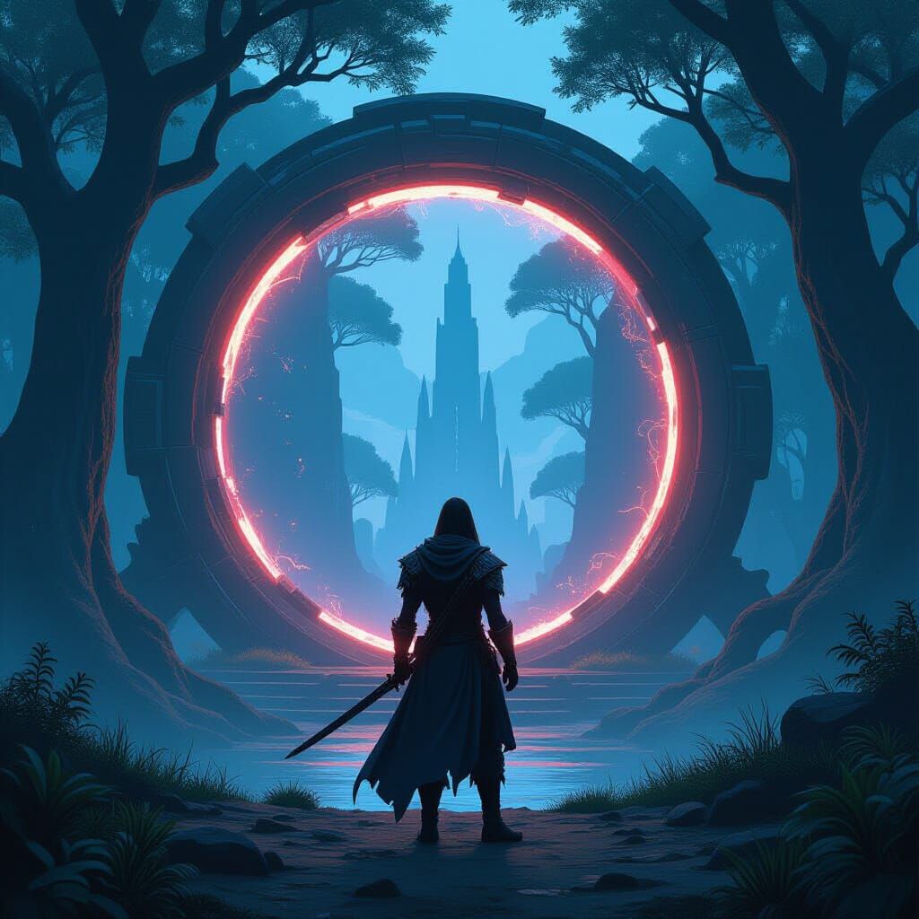 Mystical Warrior at Magical Portal: Atmospheric Landscape