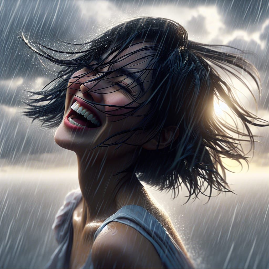 Joyful Woman Laughing in the Rain: 19th-Century Style