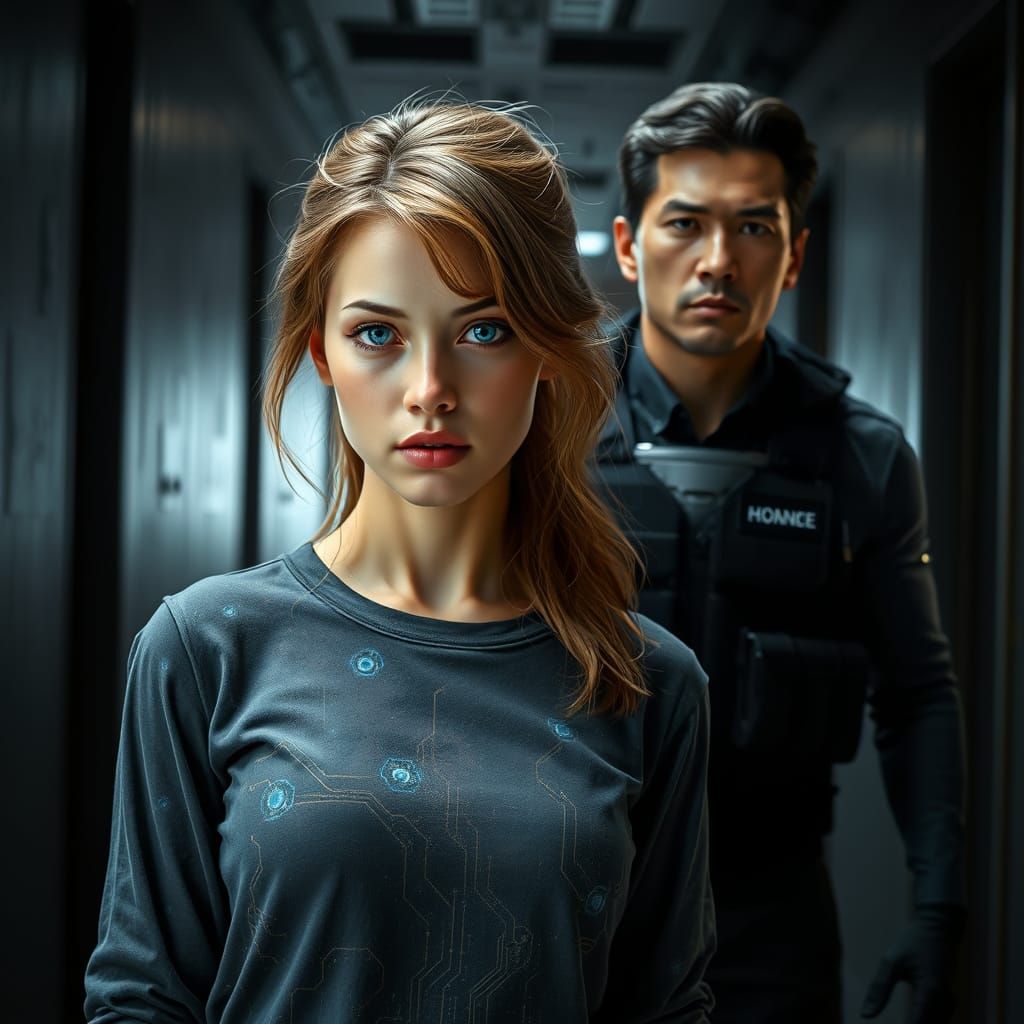 Woman in Futuristic Hallway: Syd Mead Style