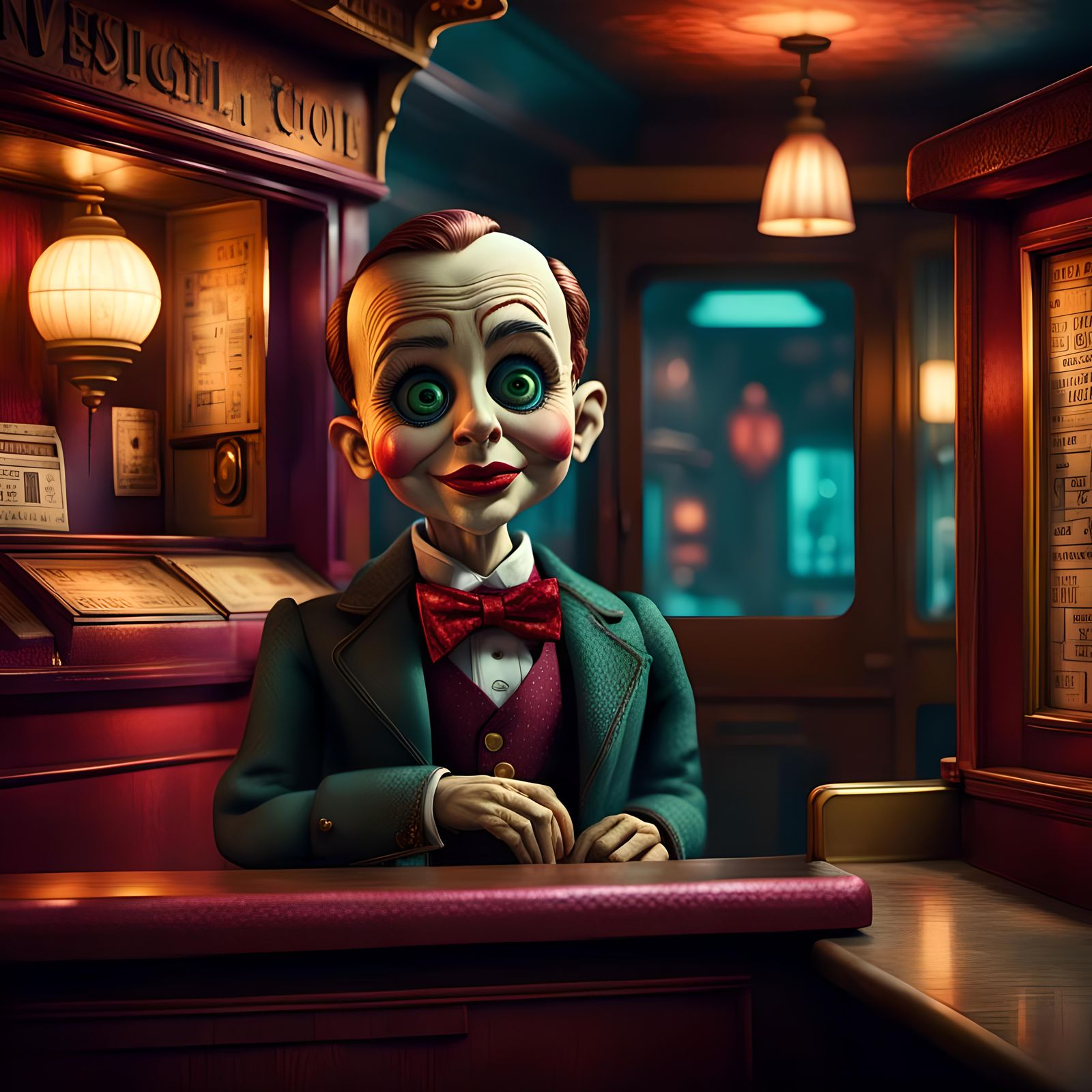 Creepy Vintage Doll in Haunted Ticket Booth