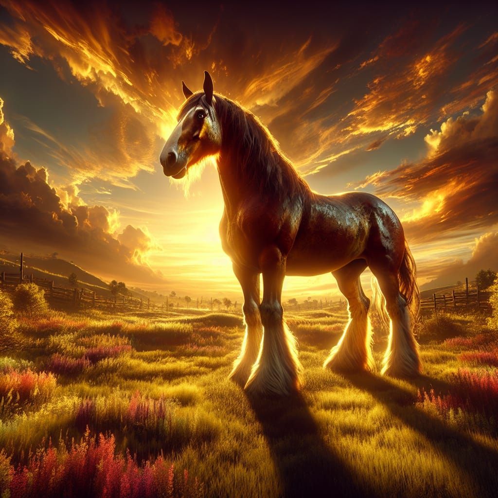 Clydesdale Horse in Golden Sunrise: Fantasy Concept Art
