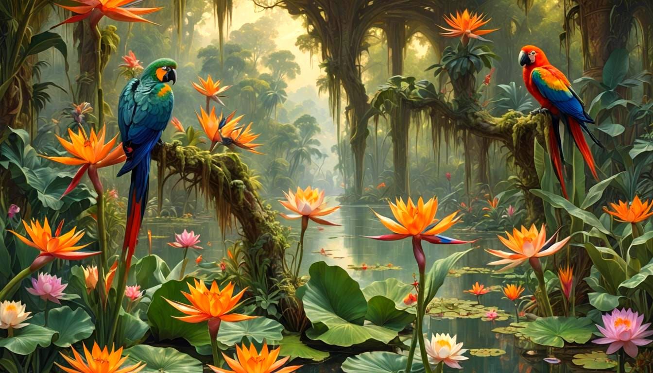 Exotic Fractal Lake with Birds and Lotus