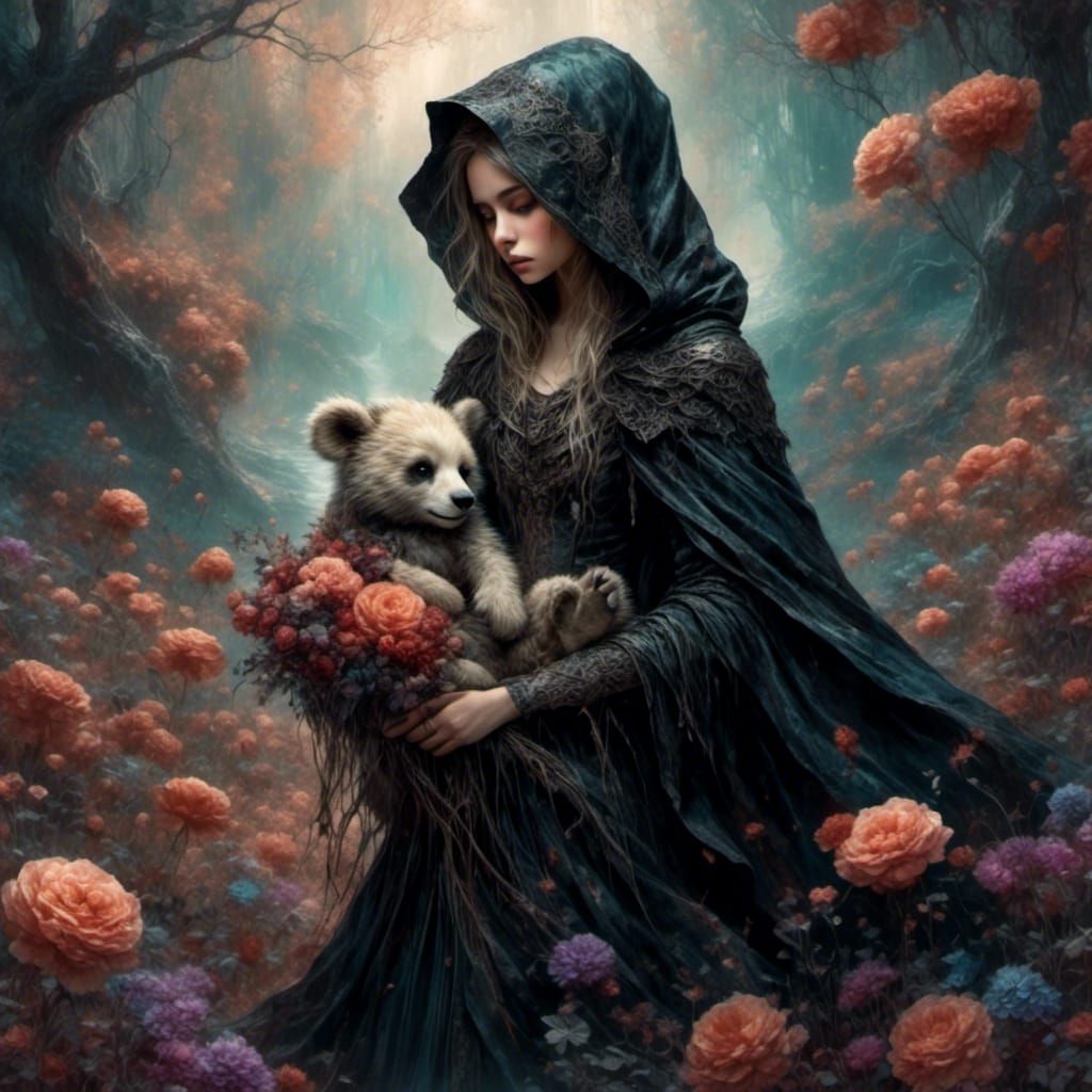 Hooded Figure and Girl with Teddy Bear