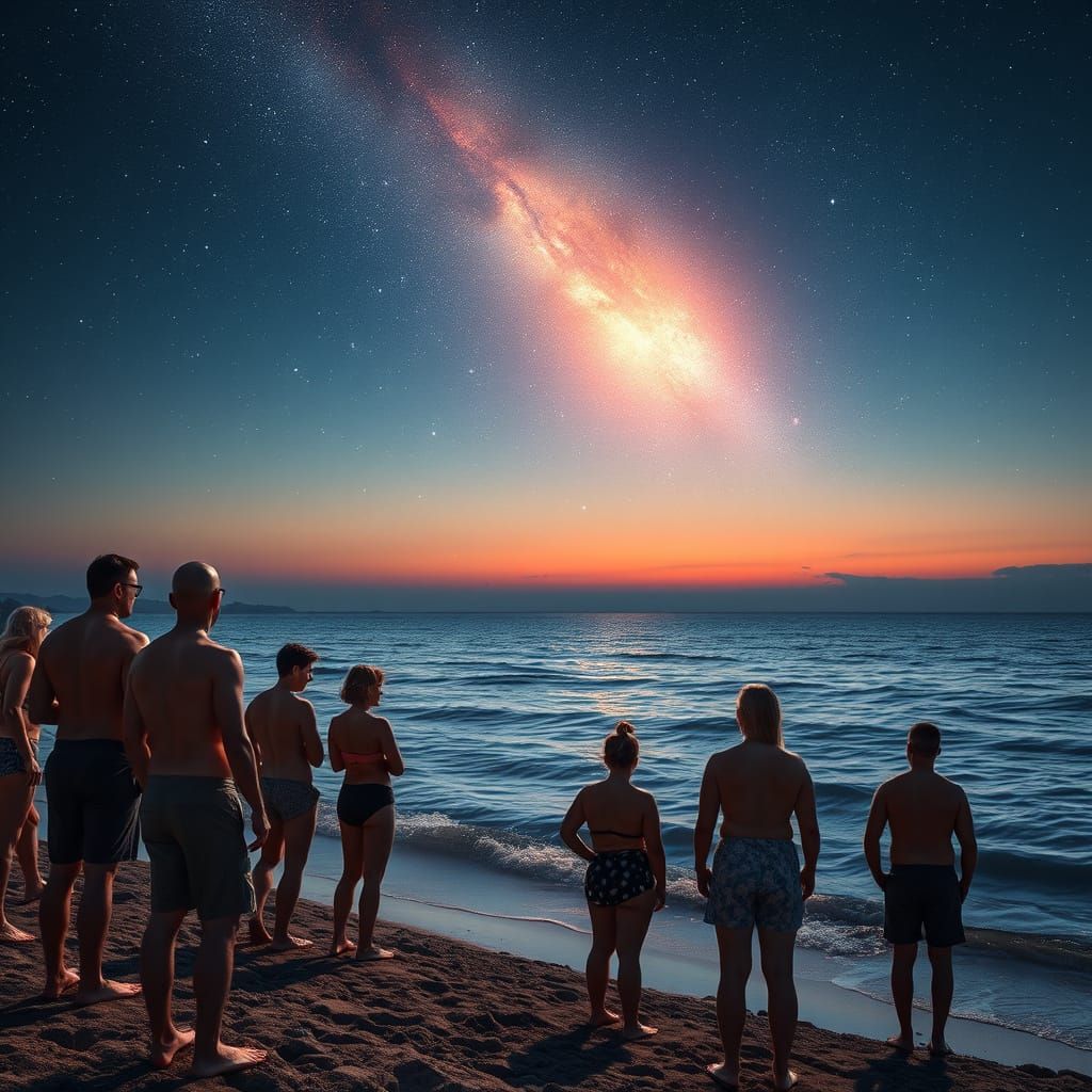 People Watch Burning Satellite Over Ocean Beach