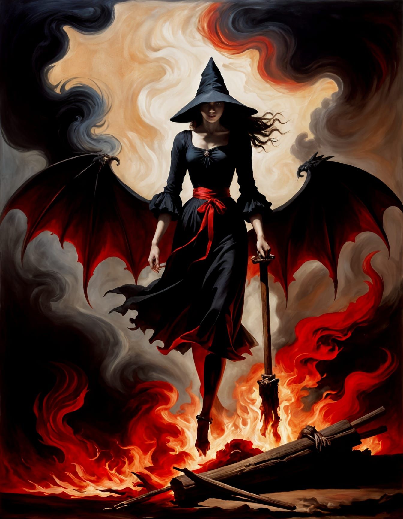 Witch Burning with Dragon Shadow in Oil Painting Style