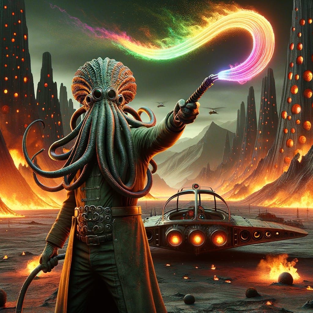 Cyberpunk Alien in Retro-Science Fiction Landscape