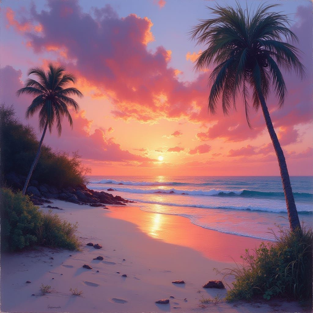 Sunset Beach with Palms in Impressionist Style