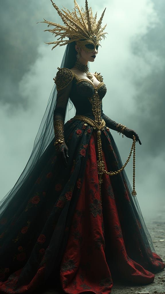 Enigmatic Masquerade Queen in Baroque Gown