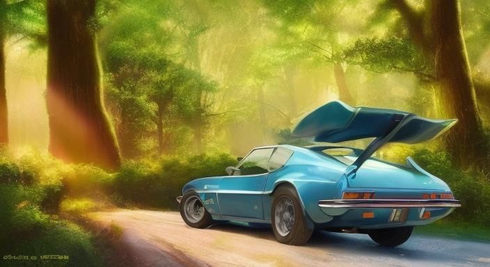 Blue Datsun 280Z in Retro-Futuristic Style