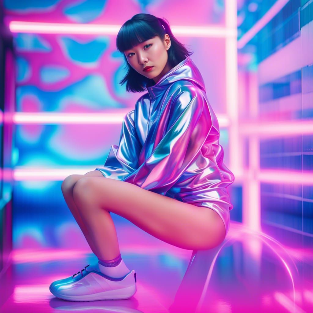 Japanese Vaporwave Girl in Leotard and Sneakers
