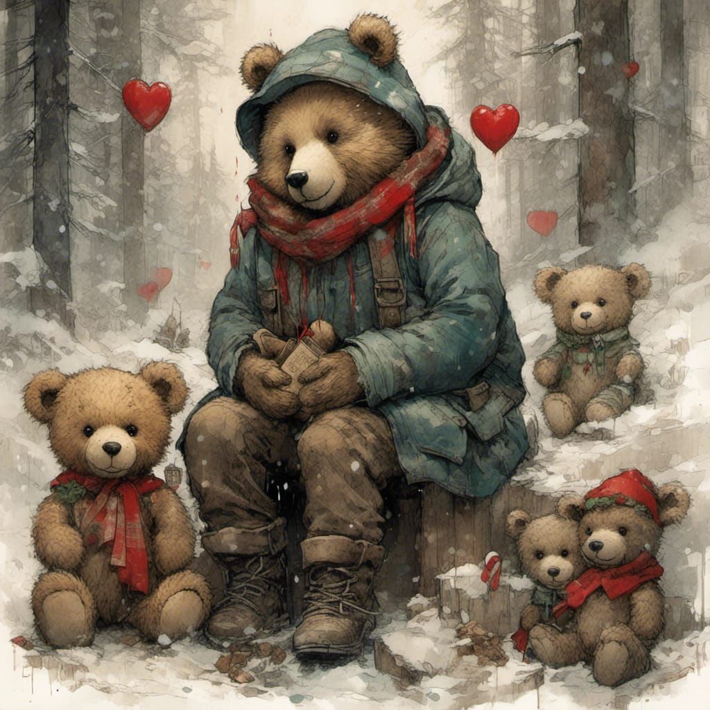 Teddy Bear's Christmas Adventure in Grunge Poster Style