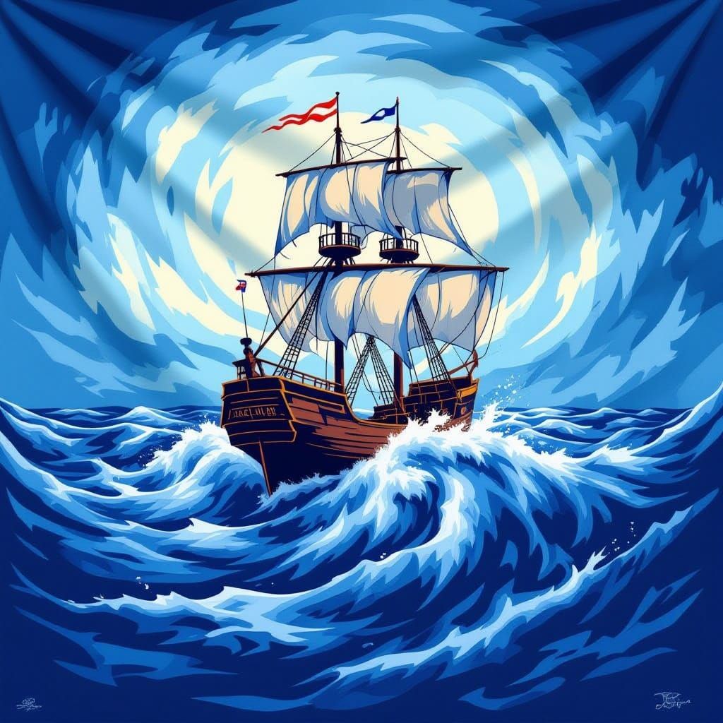 Graphic Flag Depicts Sinking Ship in Whirlpool