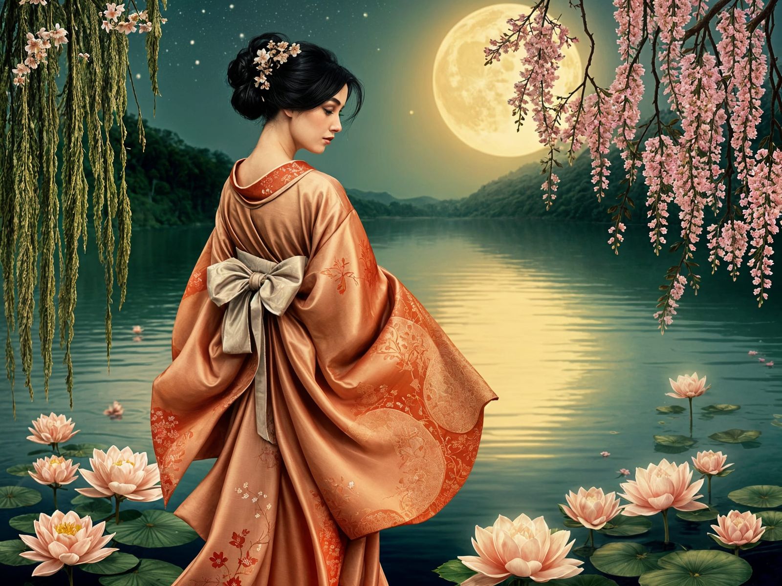 Moonlit Maiden in Kimono, Shin Hanga Style