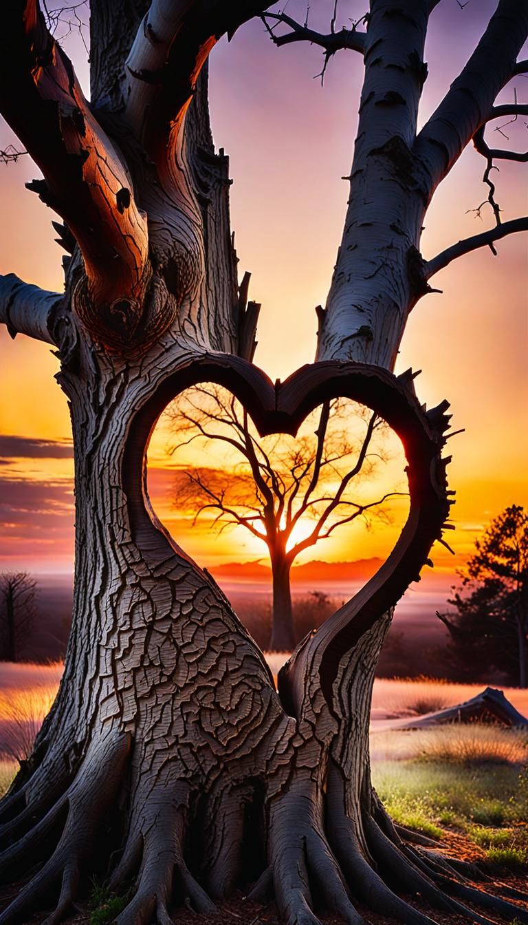 Heart Carved in Tree Bark at Sunset