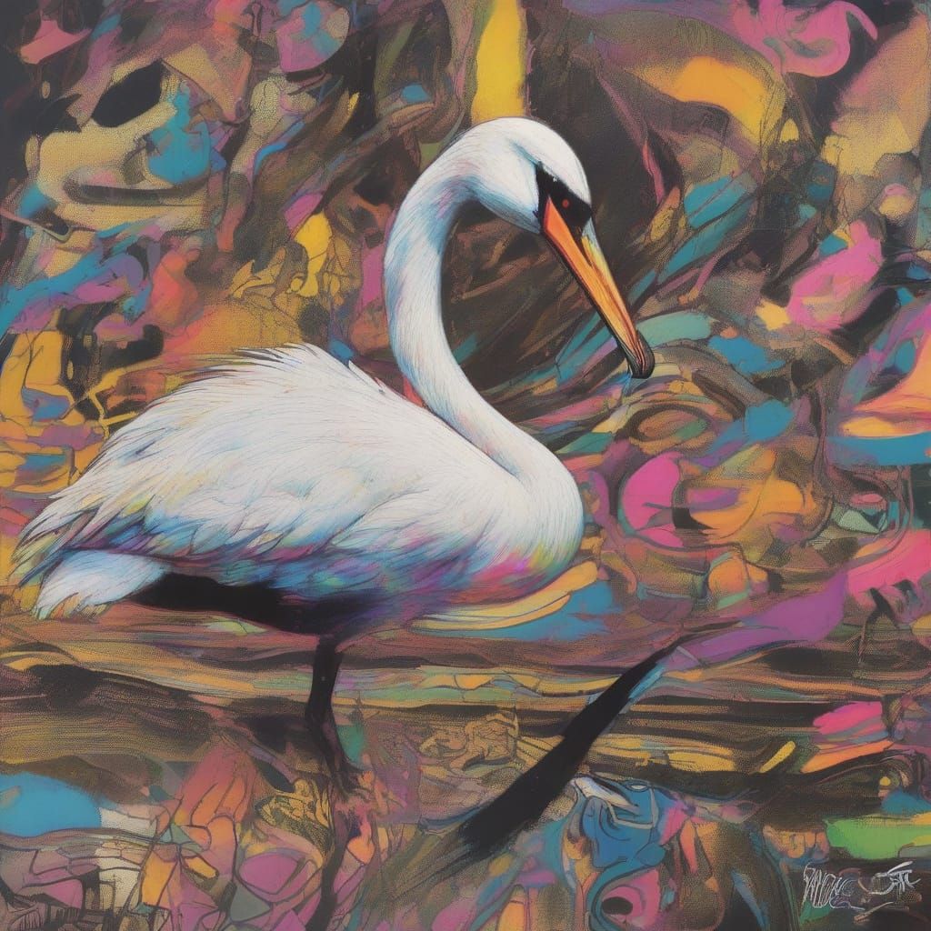 Surreal Avian Scene in Vibrant, Neo-Noir Style