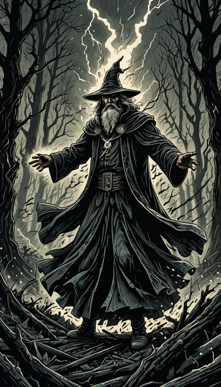 Powerful Wizard Shatters Forest: Dark Fantasy Woodcut