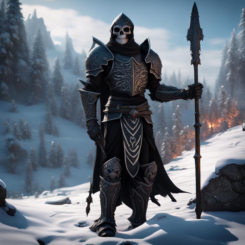 Winter Knight with Skull Flag in Detailed Matte Painting