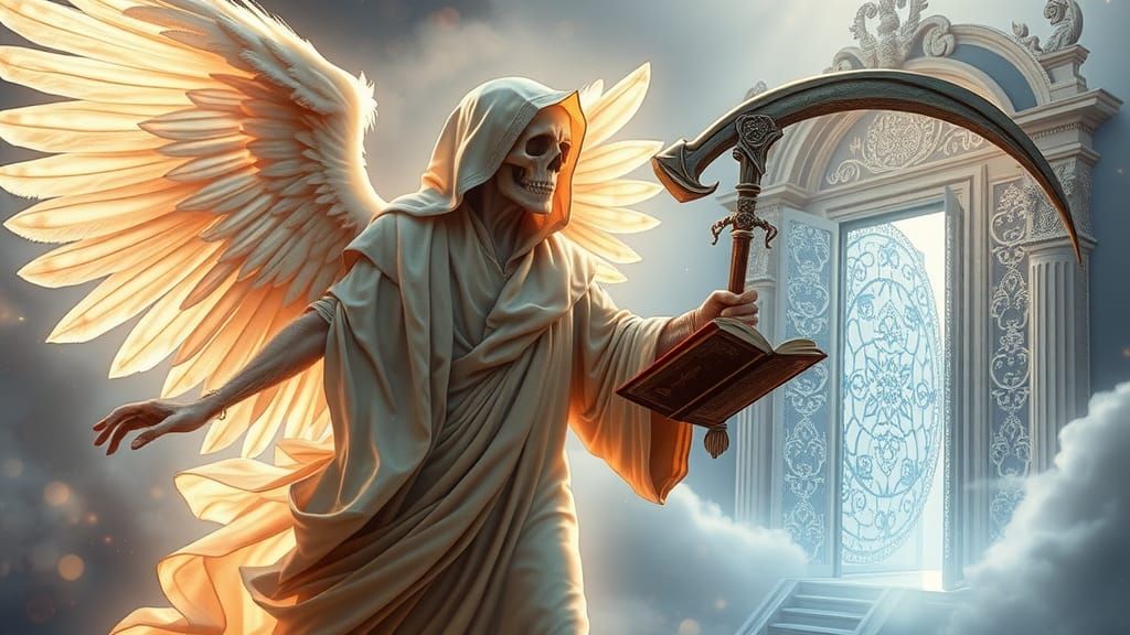 A serene and majestic depiction of the Grim Reaper as a radiant, heavenly angel, draped in flowing, iridescent robes wit...
