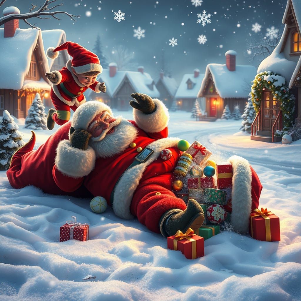 Whimsical Christmas Scene with Santa Claus Tumbling in Snowy...