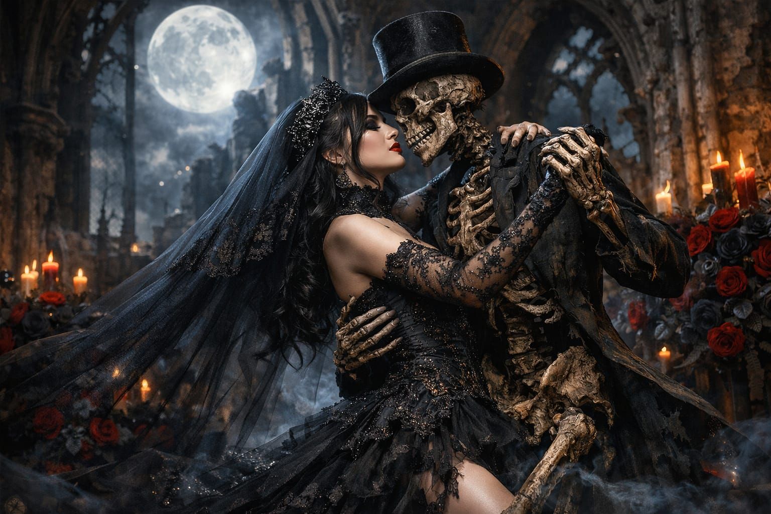 Gothic Bride Dances with Skeleton in Eternal Love