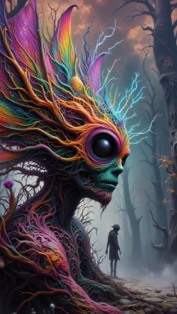 Surreal Man Dressed as Moth in Lightning-Illuminated Landsca...