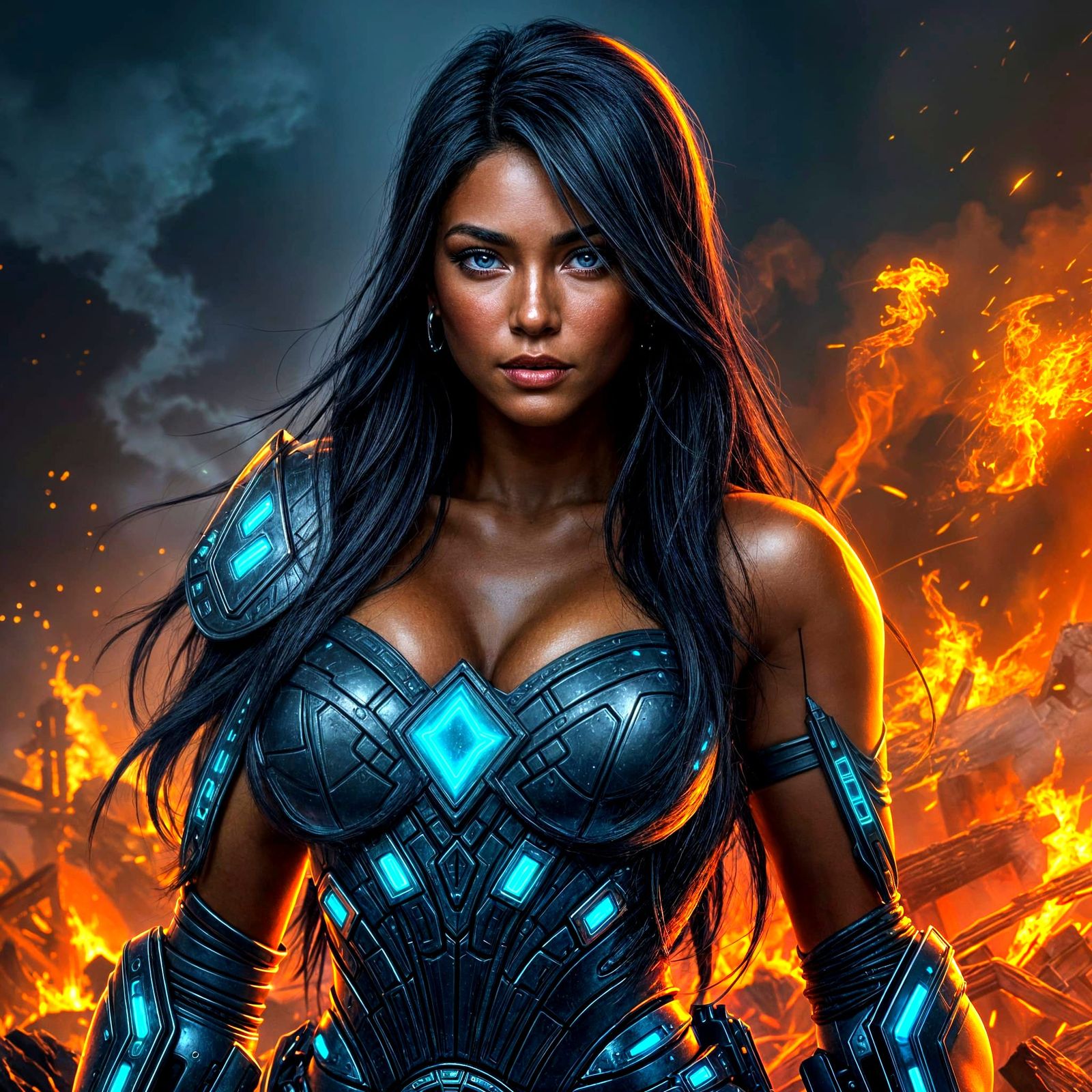 Cyberpunk Warrior Woman in Burning Battlefield
