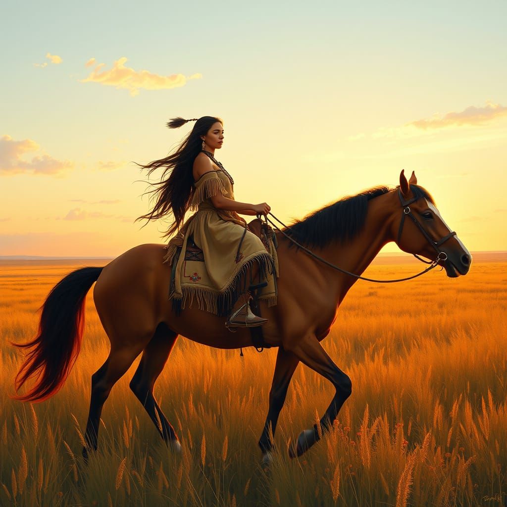 Native American Woman Riding Horse at Sunset