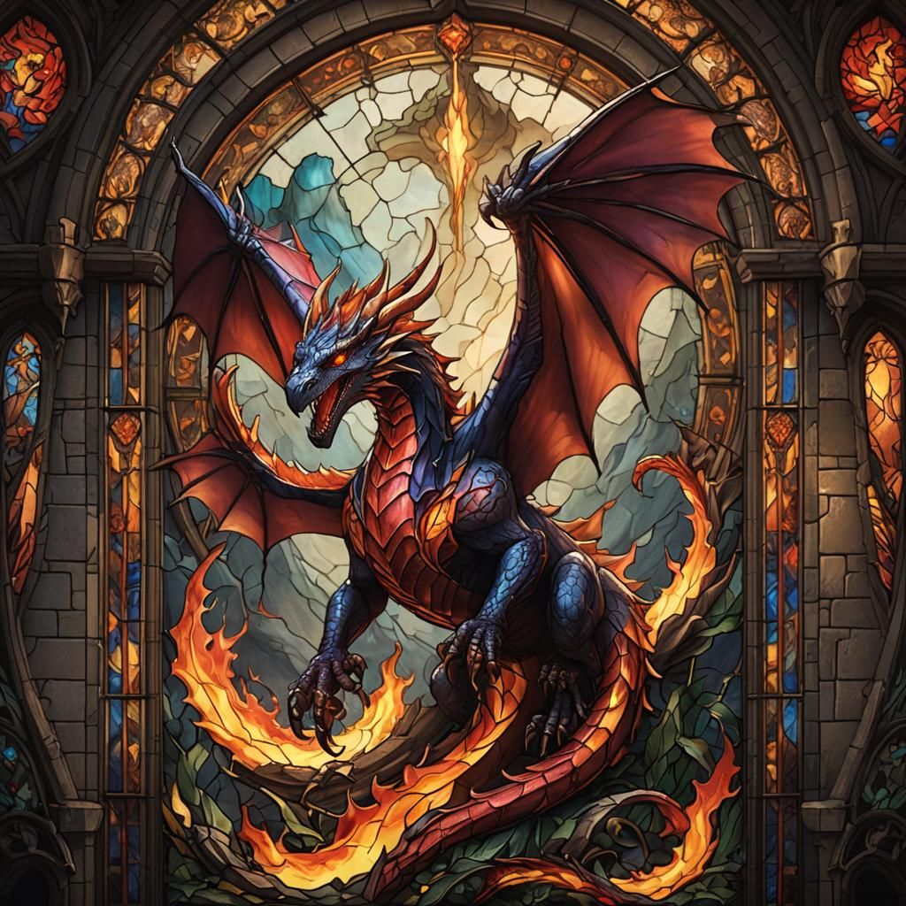 Stained Glass Wyvern Breathing Fire