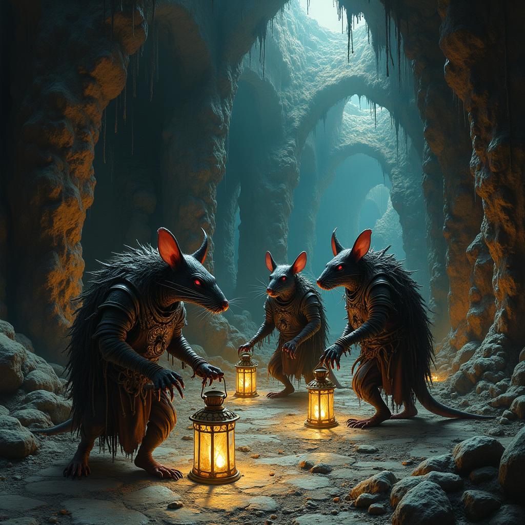 Skaven Rats Explore Black Chasm in Dark Fantasy Style