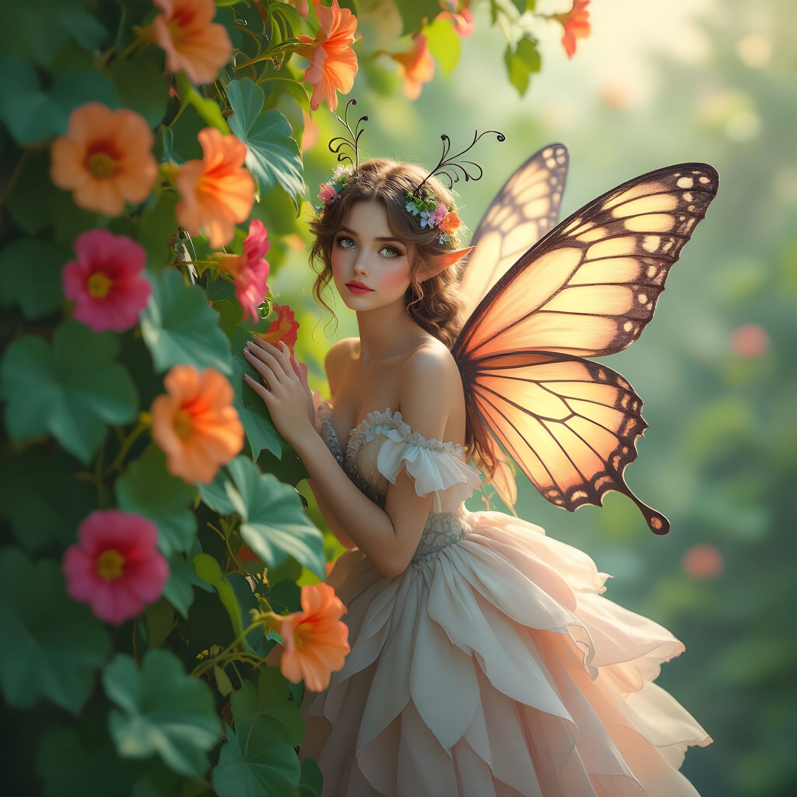 Fairy with Butterfly Wings Peeking from Flowers