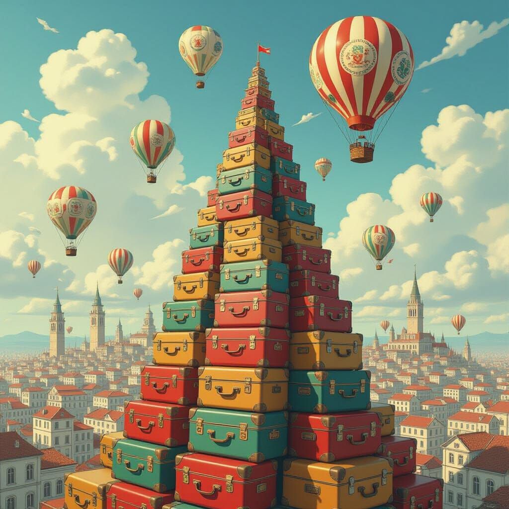 Surreal Suitcase Cityscape with Teacup Balloons