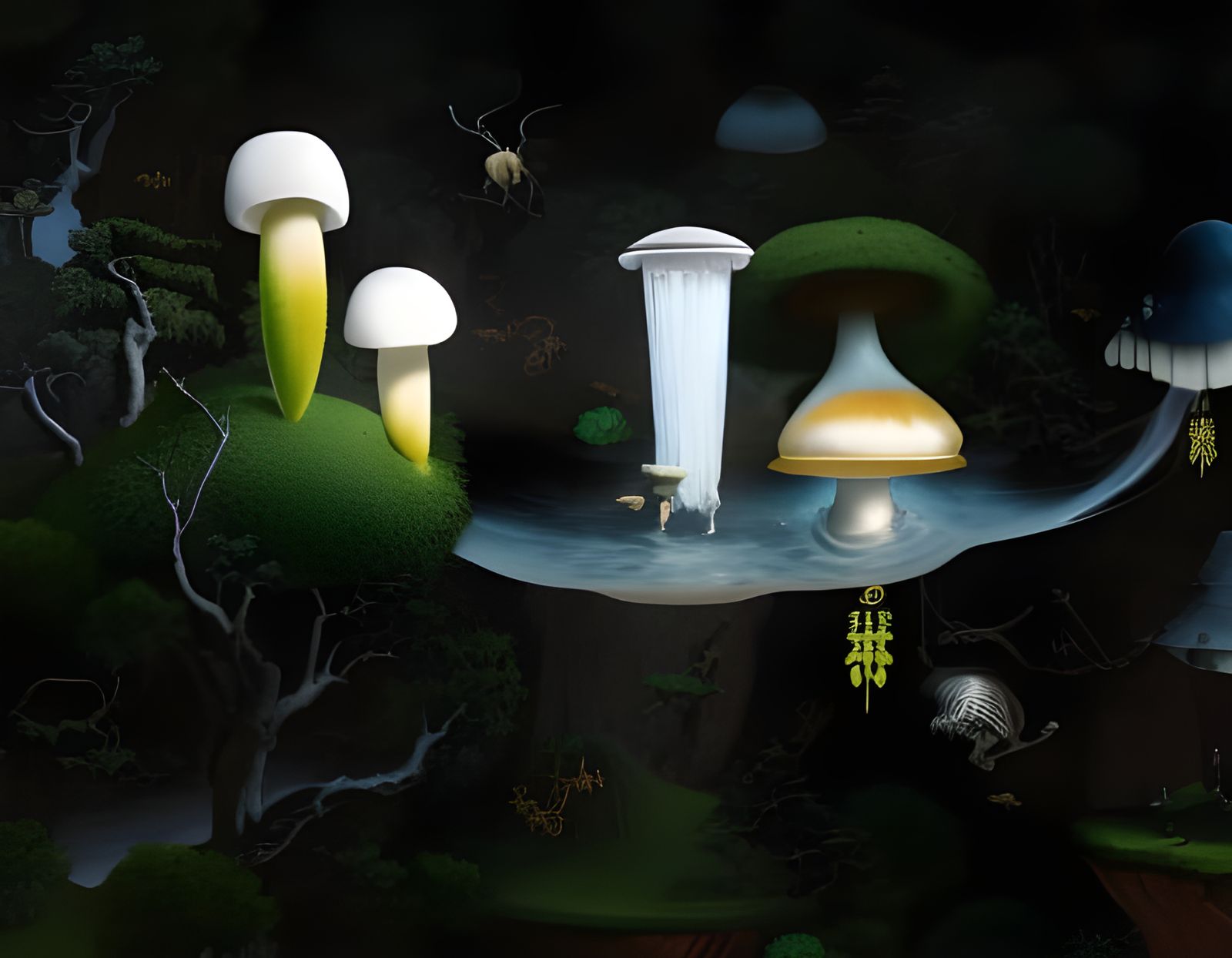 Forest ,mushrooms, insects, moss, japanese traditional art, chinese traditional art, indian traditional art, salvador da...