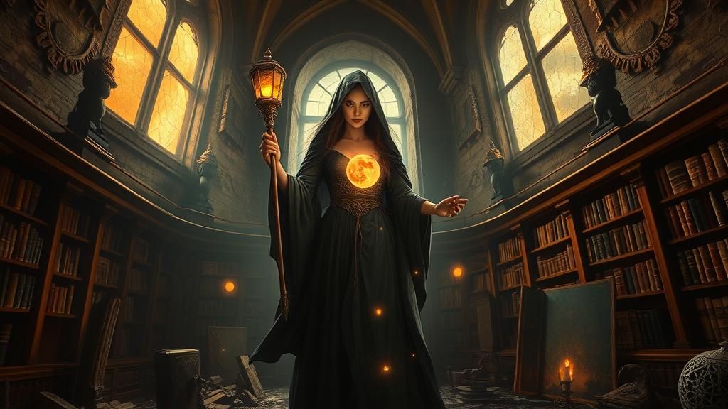Sorceress in Ruined Library During Blood Moon