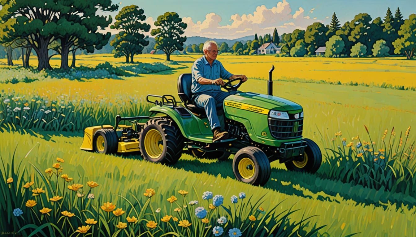 Pastel John Deere Mower in Naive Landscape