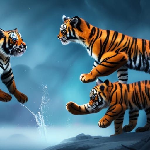Playful Tiger Cubs in Detailed Fantasy Art
