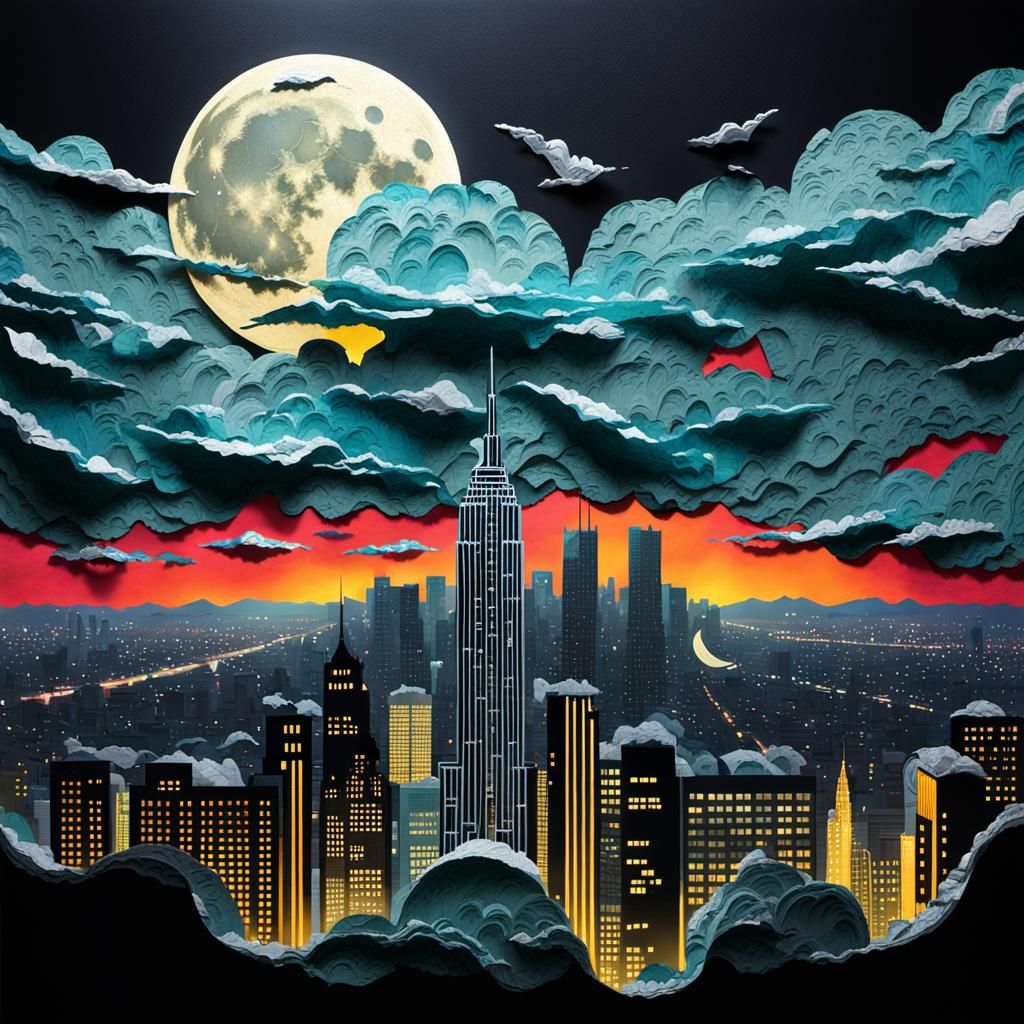 Torn Paper Film Noir Cityscape: Surreal Art