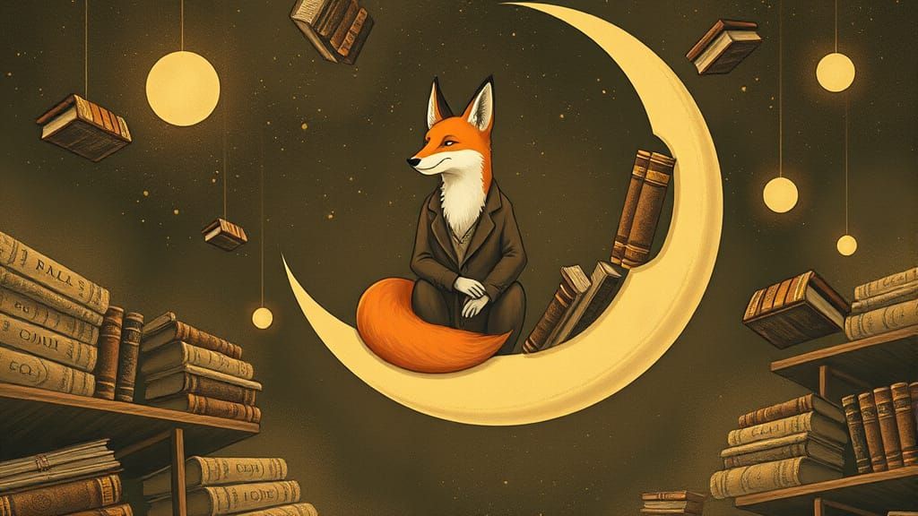 Fox Librarian on Moon with Cosmic Bookshelves