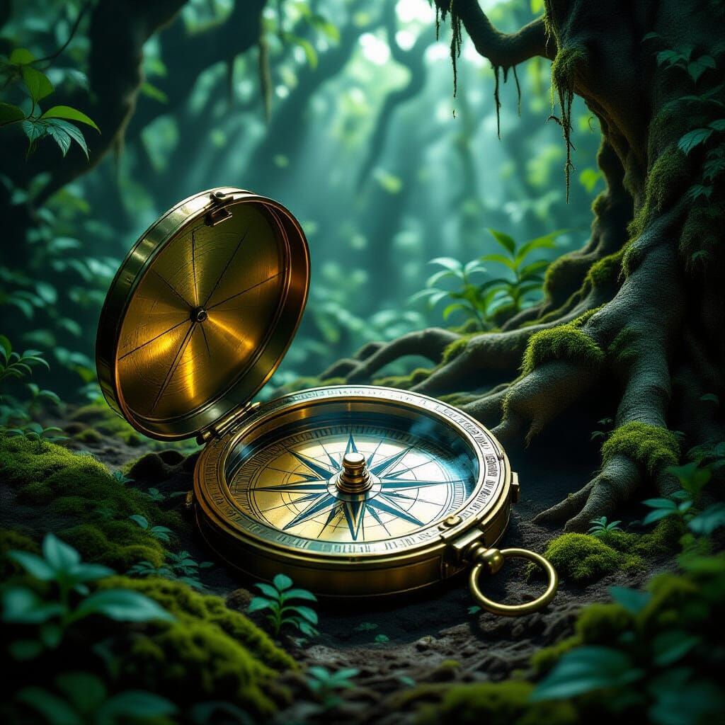 Ornate Brass Compass in Jungle, Mysterious Light