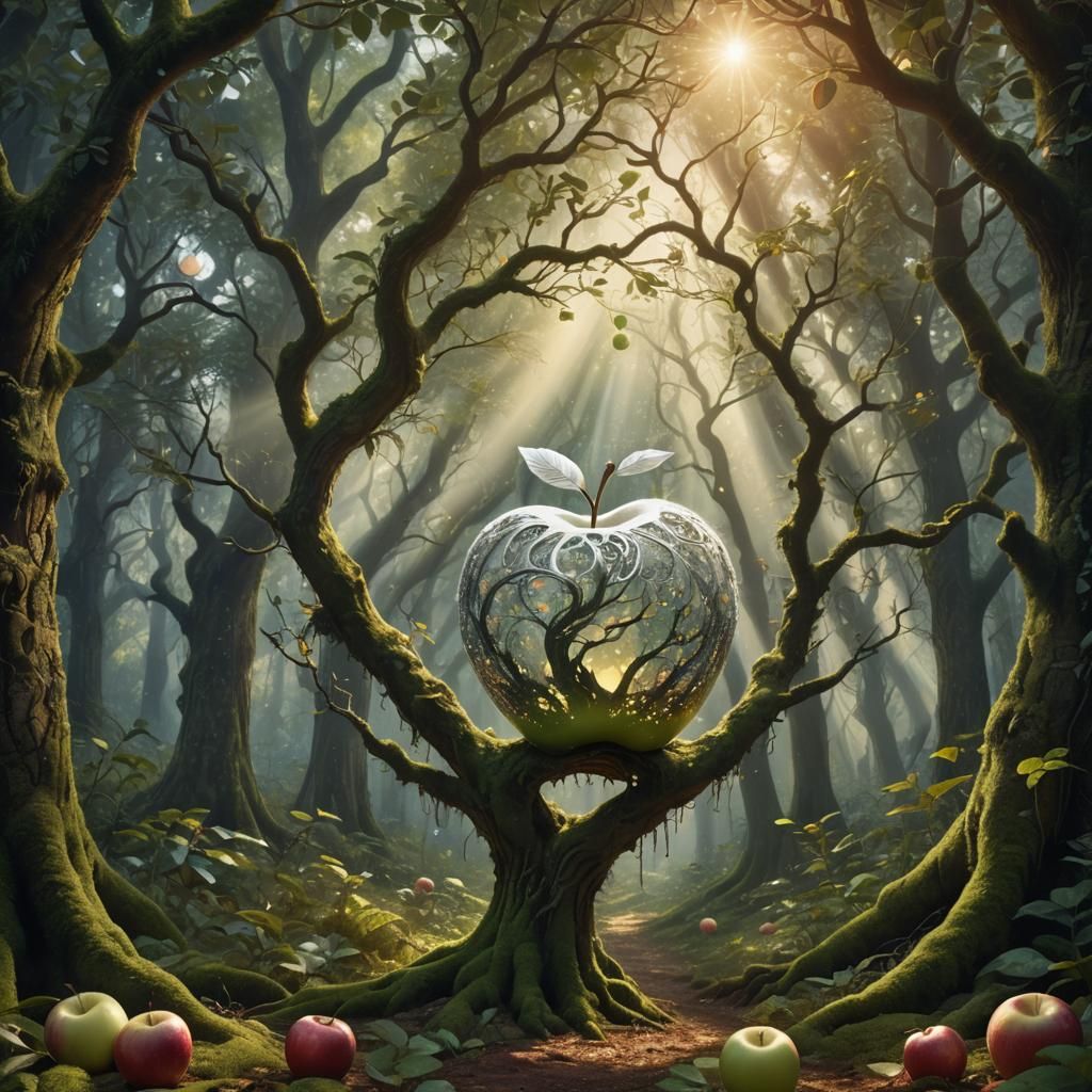 Glowing White Apple in Mystical Forest