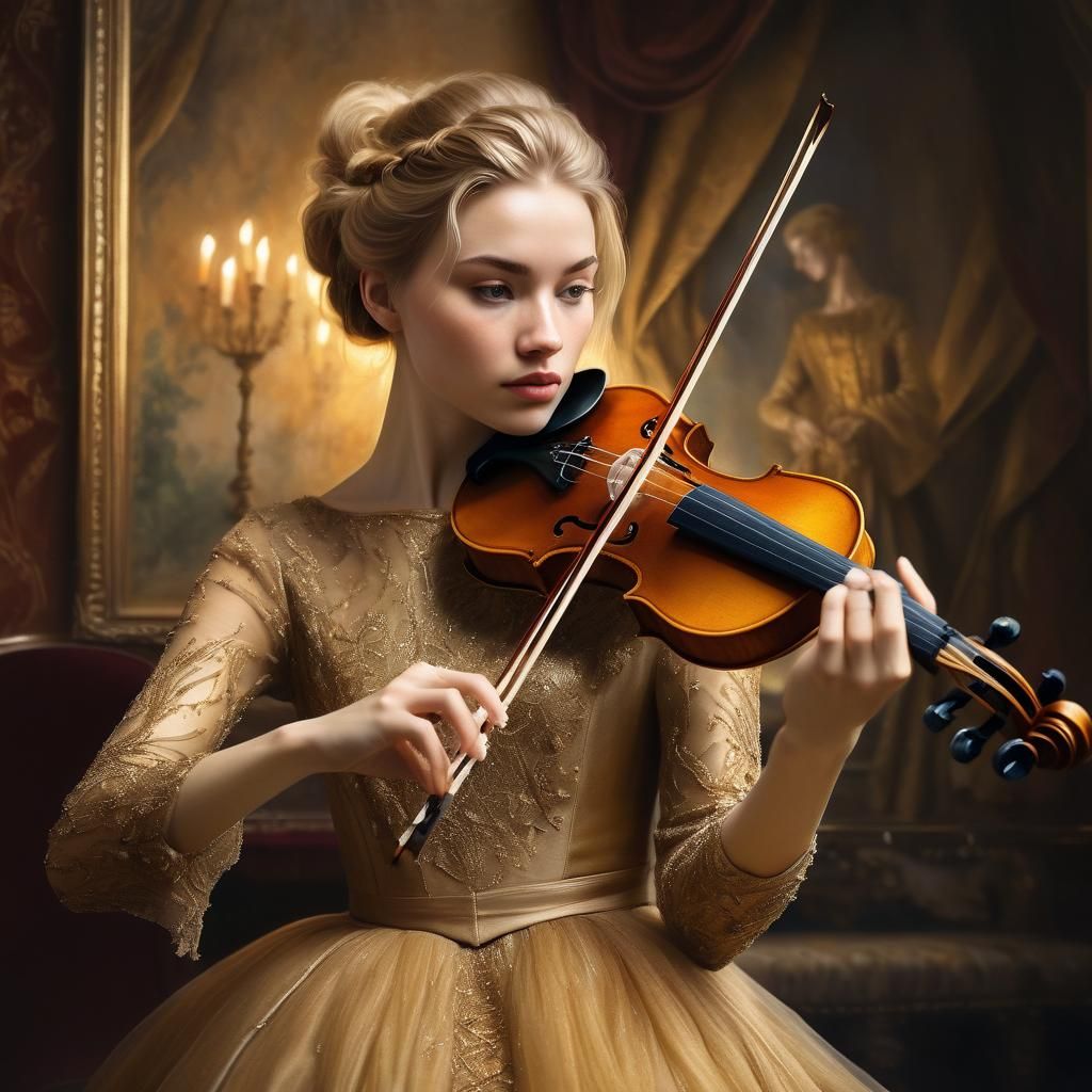 Girl Playing Violin in Romantic Realism Oil Painting
