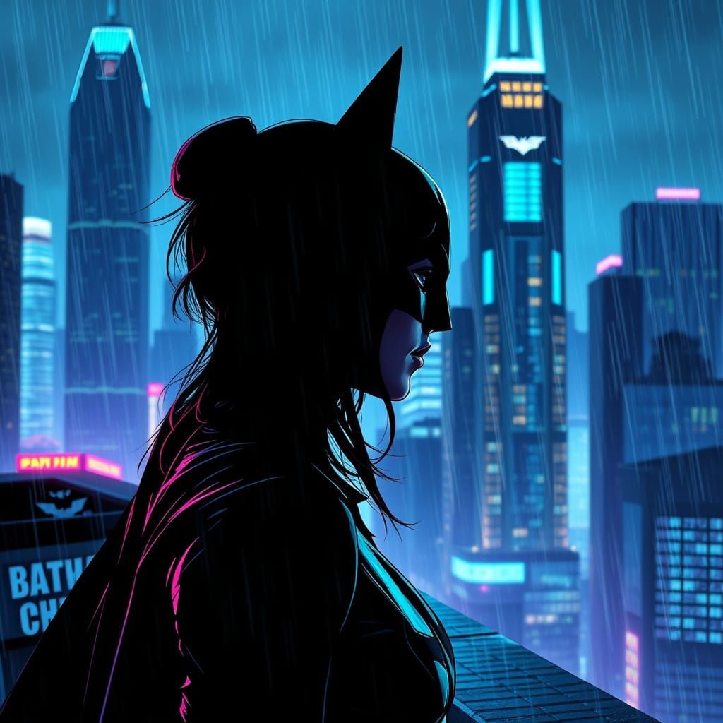 Futuristic Gotham Rooftop Silhouette in Comic Style