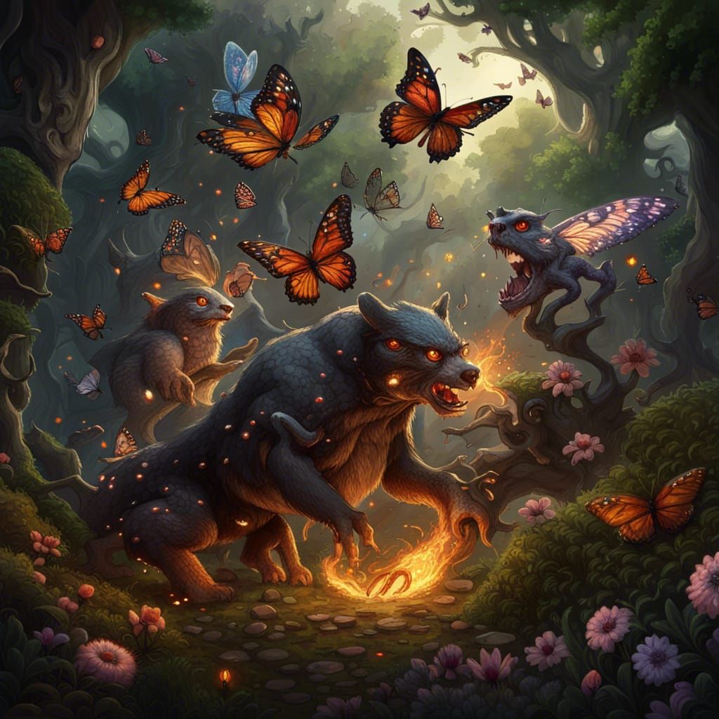 Animals at War in Secret Garden, Dark Fantasy Art