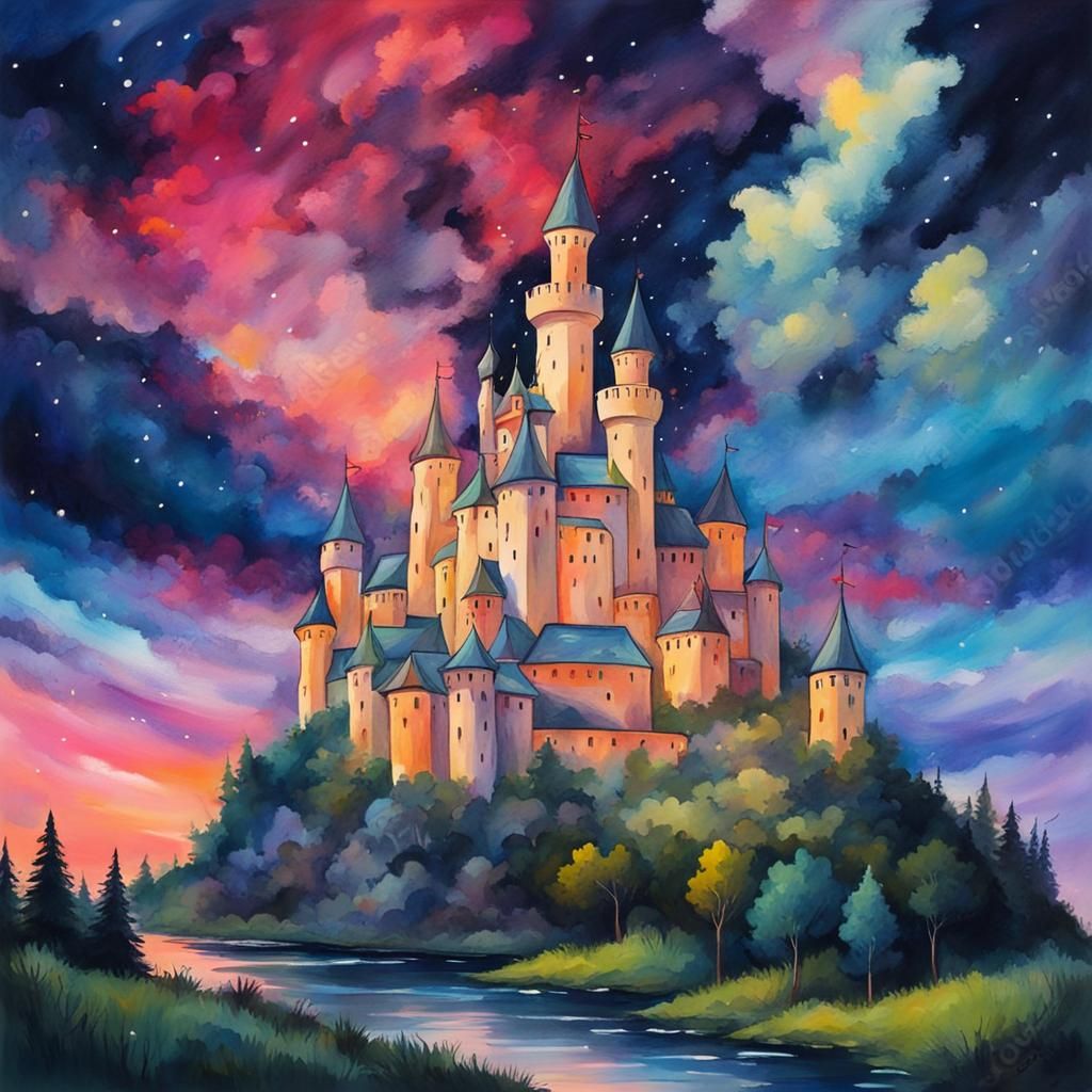Magical Castle Under Colorful Night Sky in Gouache