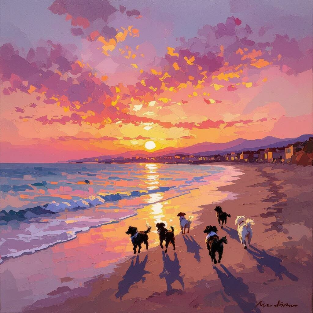 Impressionistic Sunset Over Agrigento Beach with Dogs