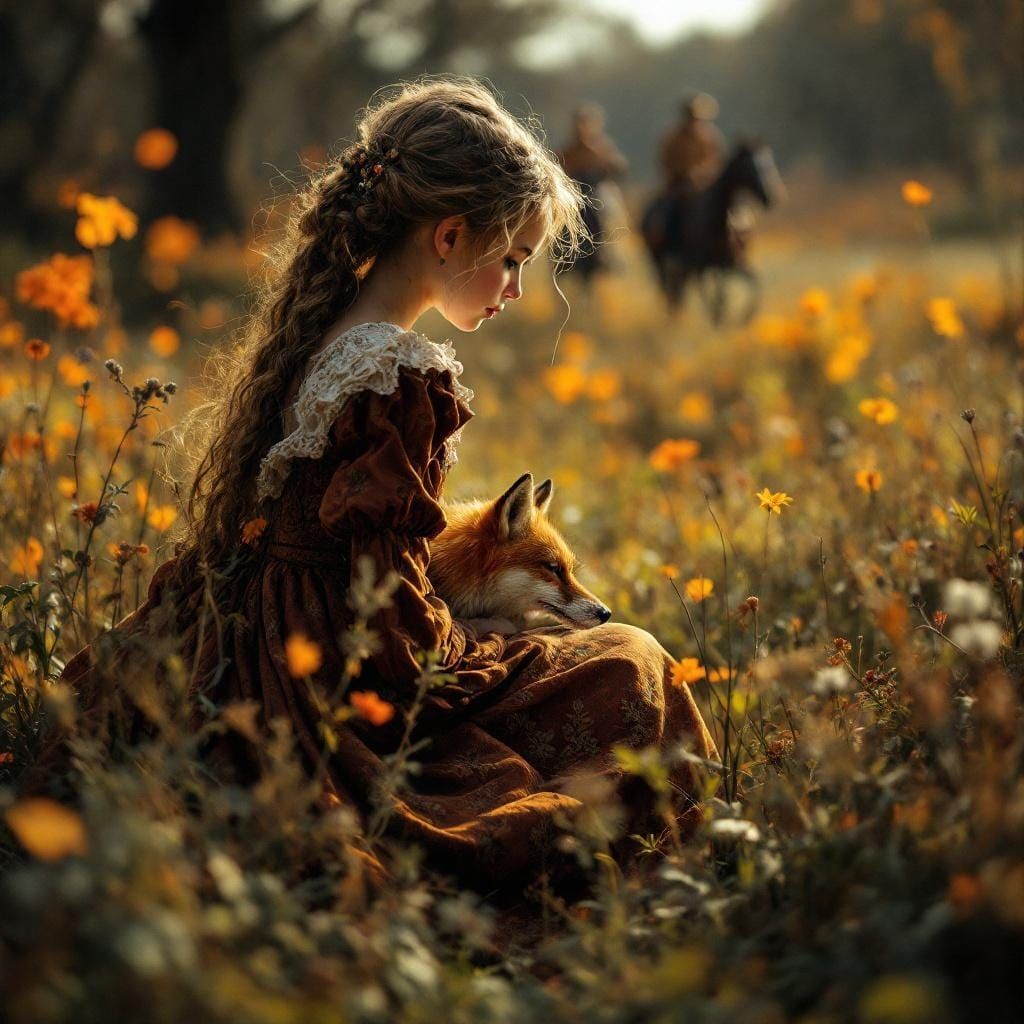 Victorian Girl Hiding Fox in Countryside