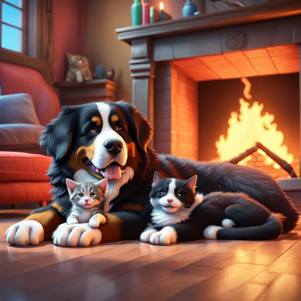 Bernese Mountain Dog and Kitten Nap: Pixar-Style 3D Art