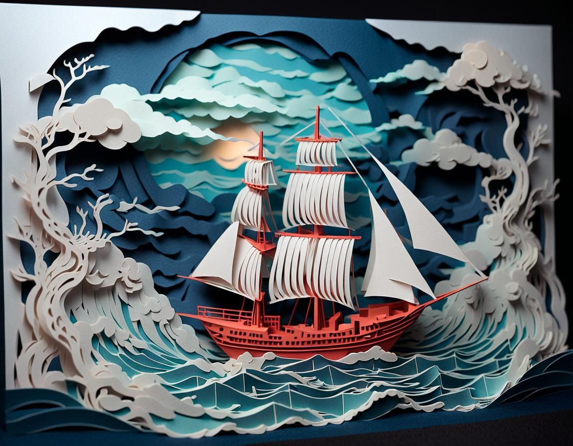 Intricate Kirigami Sailboat on Stormy Ocean Scene