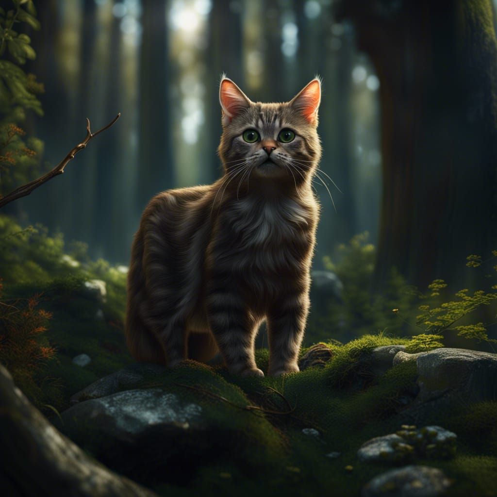 Photorealistic Cat in Nordic Forest, Detailed Painting